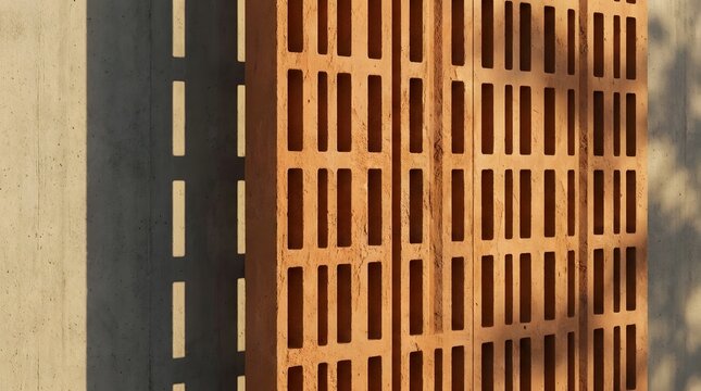 Modern architectural terracotta breeze block panel casting geometric shadows on a minimal concrete background.