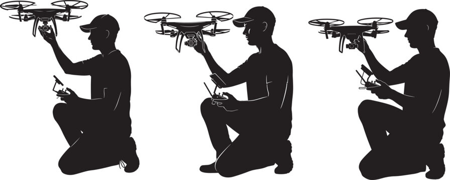 Silhouette of a man holding a drone and remote control drone pilot concept wireless communication aerial vehicle high tech quadcopter technology silhouette aircraft transport operator