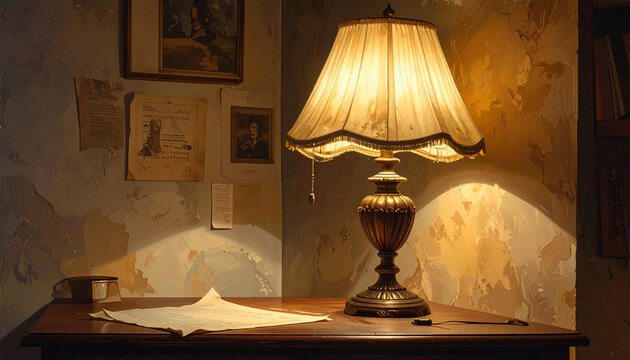 Elegant table lamp illuminating a vintage interior with warm lighting and textures