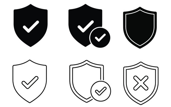 Collection of shield icons with checkmarks and crosses in various styles and colors