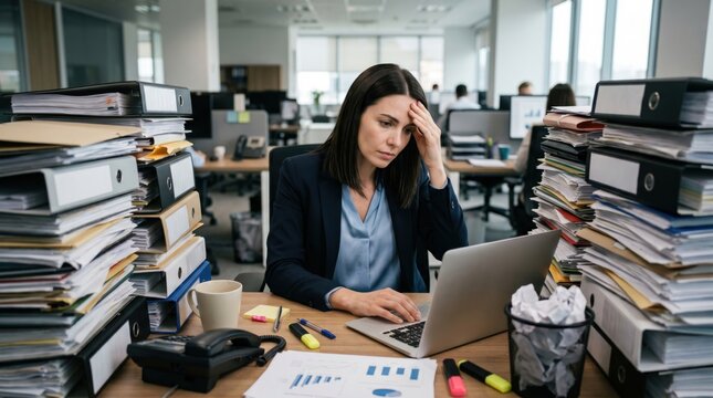 Exhausted office woman surrounded by documents and binders in narrow workspace, conveying burnout, administrative stress, mental fatigue and work overload.