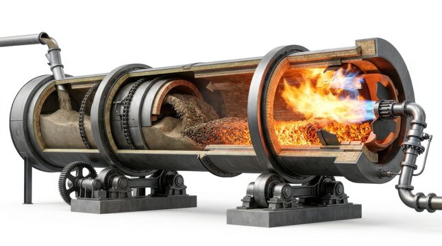Rotary Kiln Cross Section 3D Cutaway Industrial Illustration