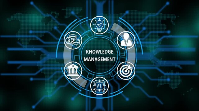&ldquo;Knowledge Management, Artificial Intelligence, and Global Business Network Technology Concept&rdquo;. Digital circuit board on world background. Representing artificial intelligence, and future technology