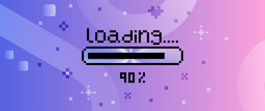 Pixel loading screen with 90% progress bar in retro 8-bit style on soft purple pink gradient background. UI interface screen for mobile apps, onboarding screens, dashboards, system feedback