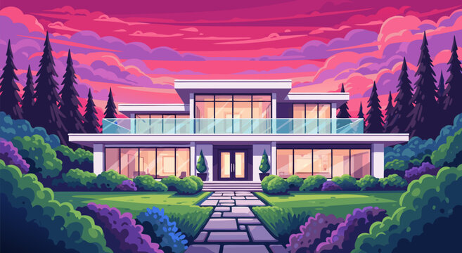 Vibrant Vector Illustration of a Modern Luxury Mansion with Lush Landscaping and a Dramatic Sunset Sky