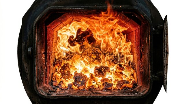 Burning Coal in Open Furnace Firebox with Glowing Flames