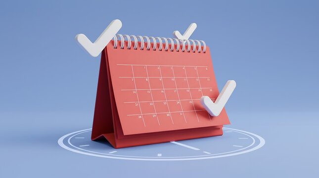 Red desktop calendar with floating white checkmarks representing successful task completion and effective time management planning on a soft blue background surface