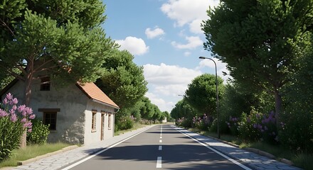 Fototapeta premium Road leading through lush trees and a small building under a bright blue sky