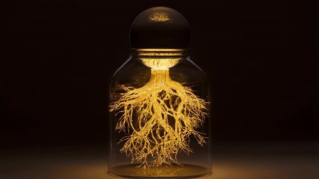 Glowing tree roots powering up inside a glass bottle on a dark background