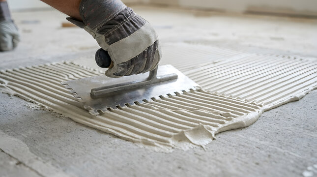 professional floor tiling process | spreading adhesive with notched trowel | home renovation construction site | bathroom floor tiling installation | diy floor tiling project