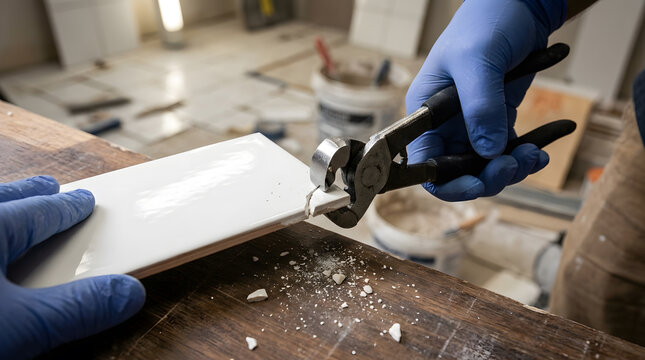 trimming ceramic tile with nippers | professional bathroom tiling installation | cutting subway tile for home renovation | contractor wearing gloves working on tiles