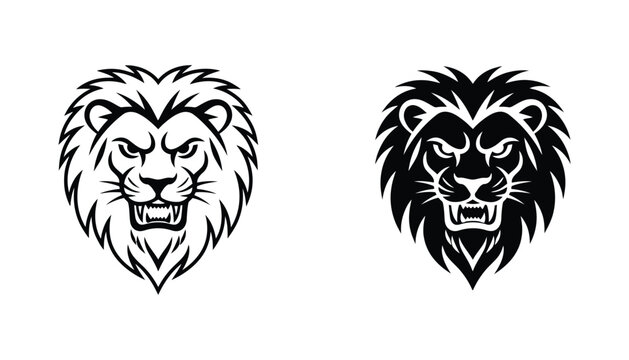 Majestic lion head with fierce expression outline and solid black vector logo
