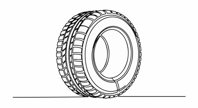 A detailed line drawing of a car tire with a deep tread pattern