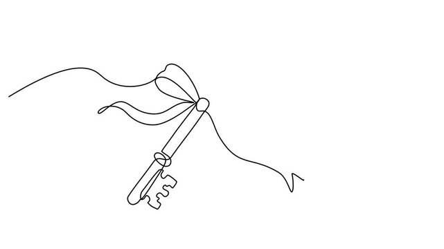 Continuous line drawing of a ribboned house key in editable stroke, line art vector illustration