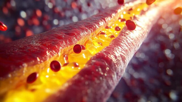 Extreme macro view inside human artery with dense flow of red blood cells and bright cholesterol buildup along vessel walls detailed medical visualization cardiovascular disease restricted circulation