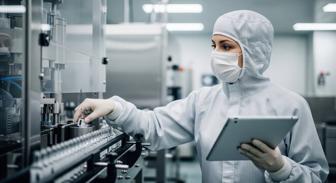 Professional woman checks generic glass vials on automated pharma line, clearly communicating sterile production, technical responsibility and manufacturing quality.
