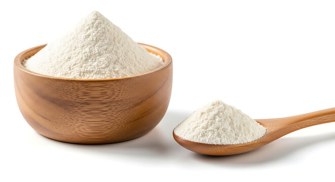 ​A wooden bowl and spoon filled with fine white powder isolated on a clean white background for cooking.