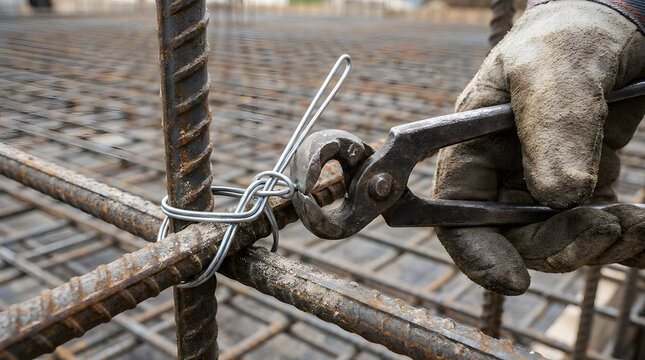 construction worker tying steel rebar with pliers | close up of ironworker installing reinforcement steel | concrete foundation rebar binding with wire | heavy duty manual labor on construction site