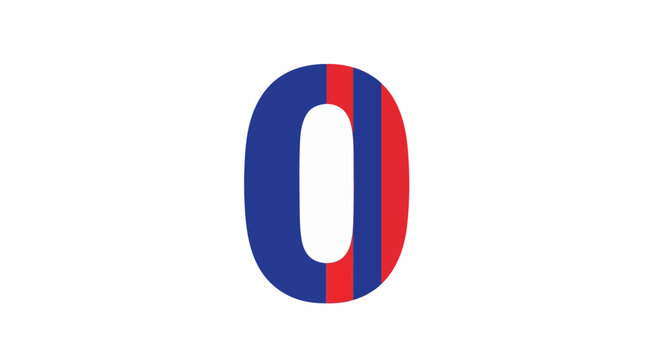 A bold numeral zero in blue and red stripes on a white background