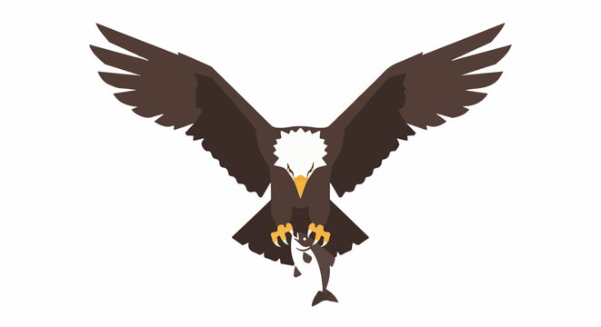 A brown eagle with spread wings clutches a fish in its talons