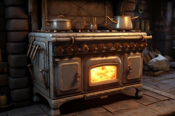 Obraz premium Rustic kitchen stove with pots and glowing fire inside