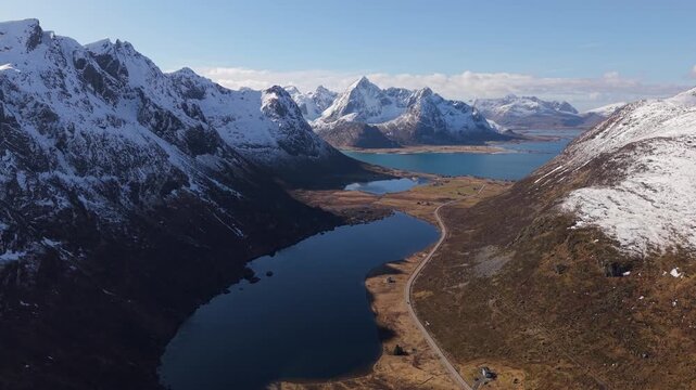 Beautiful landscape view of mountains and lakes in Norway captured from above