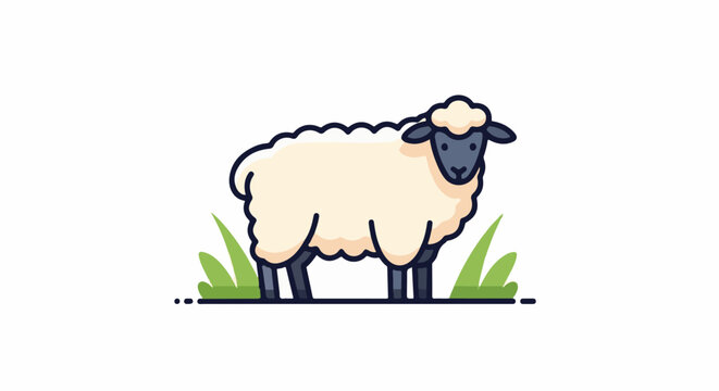 A cute cartoon sheep stands in green grass on a white background