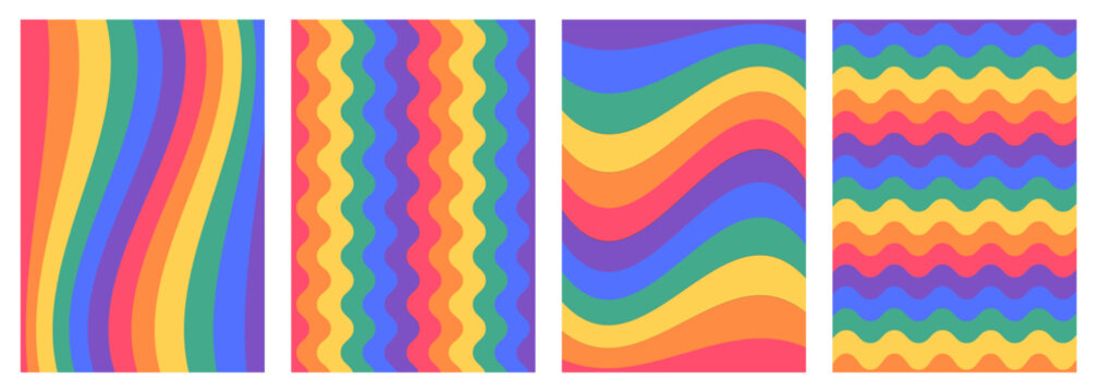Retro Pride background set with bold psychedelic rainbow waves. Abstract LGBTQ wavy line patterns and vibrant 70s fluid stripes. Seamless style digital paper for inclusive marketing decor. Vector.