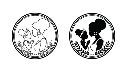 Mother and child profile portrait in circular frame featuring loving silhouette and line art design for family and motherhood branding in black vector graphics on white background © Artboard