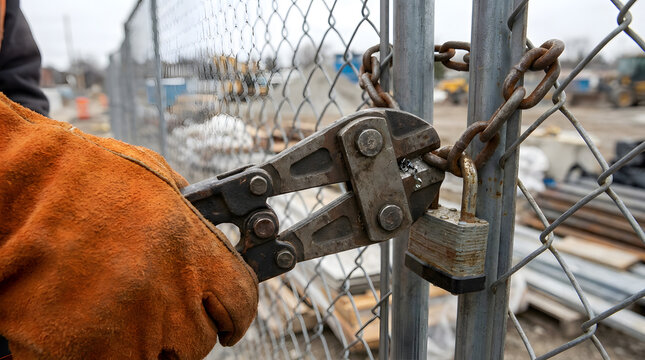 Heavy duty bolt cutters cutting metal chain | Breaking a padlock on a chain link fence | Security breach or forced entry construction site | Industrial worker using bolt cutters