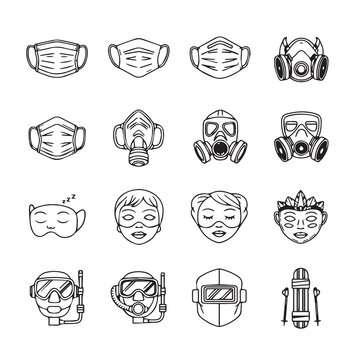 Collection of protective face masks and headwear for diverse safety needs during illness or activity