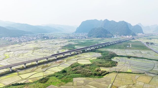 Aerial of High-Speed Train Crossing Spring Paddies with New Seedlings, Pale Yellow-Green Hue