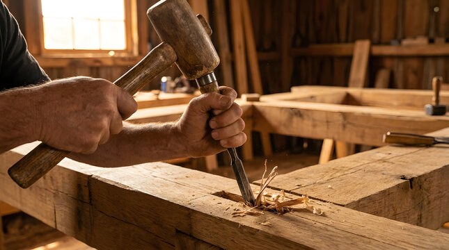 traditional woodworking with mallet and chisel | hand tools carving mortise in timber frame | craftsman working with wood in workshop | artisan woodworker building timber structure