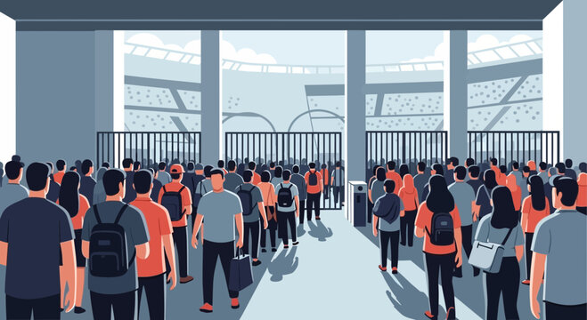 Crowd entering stadium for sports event, large group of people queuing outside