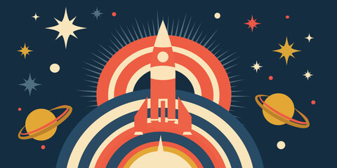 Vintage style vector illustration of a rocket ship launching into space, surrounded by colorful abstract arches, planets, and stars on a dark background. © Uilex 