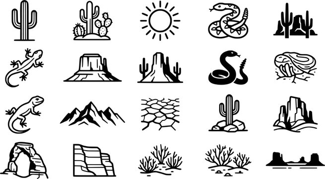 Desert Landscape Line Icon Set Featuring Cactus, Snake, Lizard, Sun, Mountains, Rock Formations, Dry Ground and Arid Nature Symbols