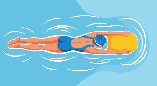 Woman swimming freestyle stroke in blue water, top view, illustration