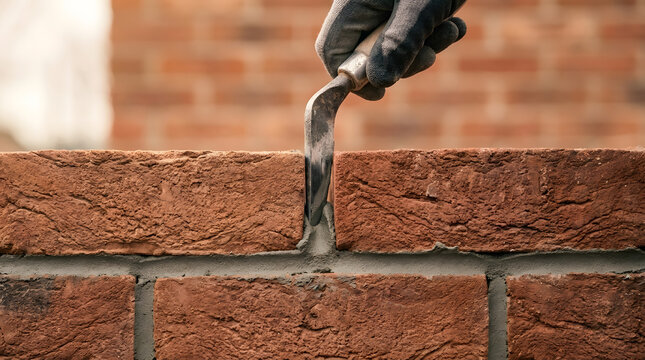 Professional bricklayer finishing mortar joints | Hand using brick jointer tool on masonry wall | Construction worker pointing red brickwork | Close up of masonry hand tool in use