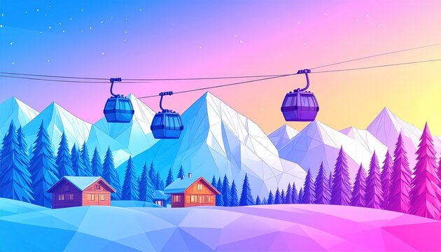 Geometric ski scene gondolas, cabins, snow-covered mountains, and a sunset