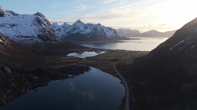 Beautiful landscape with mountains and water at sunset in Norway's Lofoten Islands