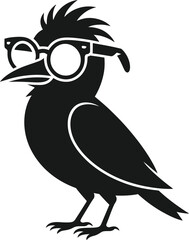 Obraz premium Crow with glasses silhouette vector logo, cool bird mascot icon isolated on white background