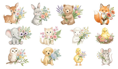 Obraz premium Cute forest animal watercolor art with flower bouquet... Collection of Vector illustrations for invitation, card, poster, banner, decoration