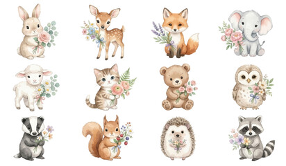 Obraz premium Cute watercolor woodland animals with floral bouquet collection. Collection of Vector illustrations for invitation, card, poster, banner, decoration