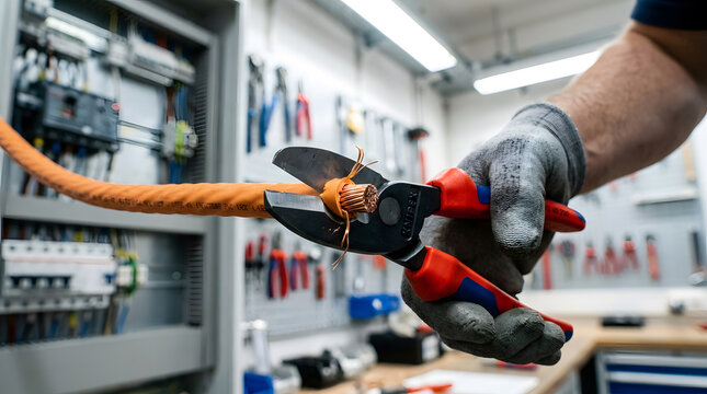 professional electrician cutting power cable | industrial electrical maintenance tools | heavy duty wire cutters in workshop | worker installing electrical wiring system