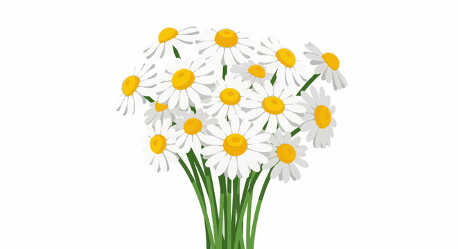 A bunch of white daisies with yellow centers and green stems