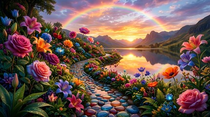 Obraz premium Enchanting landscape with a winding stone path through a vibrant floral paradise, reflecting a brilliant rainbow and sunset over a tranquil lake amidst majestic mountains