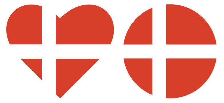 Illustration of Denmark National Flag in heart shape and round flag of Denmark in circle shape isolated, love symbol.