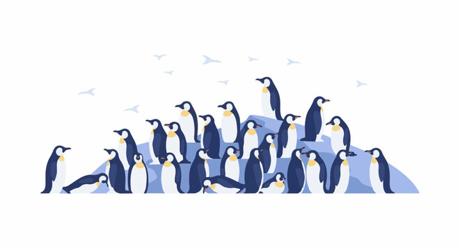 A charming pixel art colony of emperor penguins gathered on icy terrain