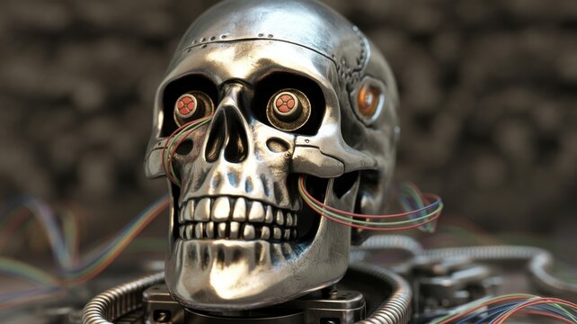 Metallic robotic skull with exposed internal wiring and mechanical details on a dark background