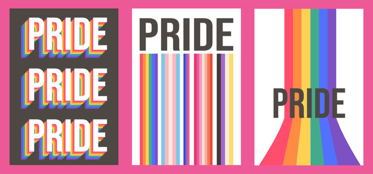 Neo-Modernist Pride poster set with 70s typography and LGBTQIA flags. LGBTQ gallery wall art, retro geometric vertical banners for inclusive queer event marketing and decor. Vector.